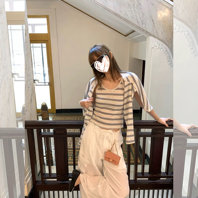 条纹针织防晒罩衫吊带两件套装女