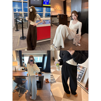 秋冬高腰垂感舒适休闲运动米白色直筒阔腿长裤女百搭