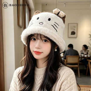 韩版猫咪毛线帽子女士冬季甜美可爱户外保暖护耳针织显脸小渔夫帽