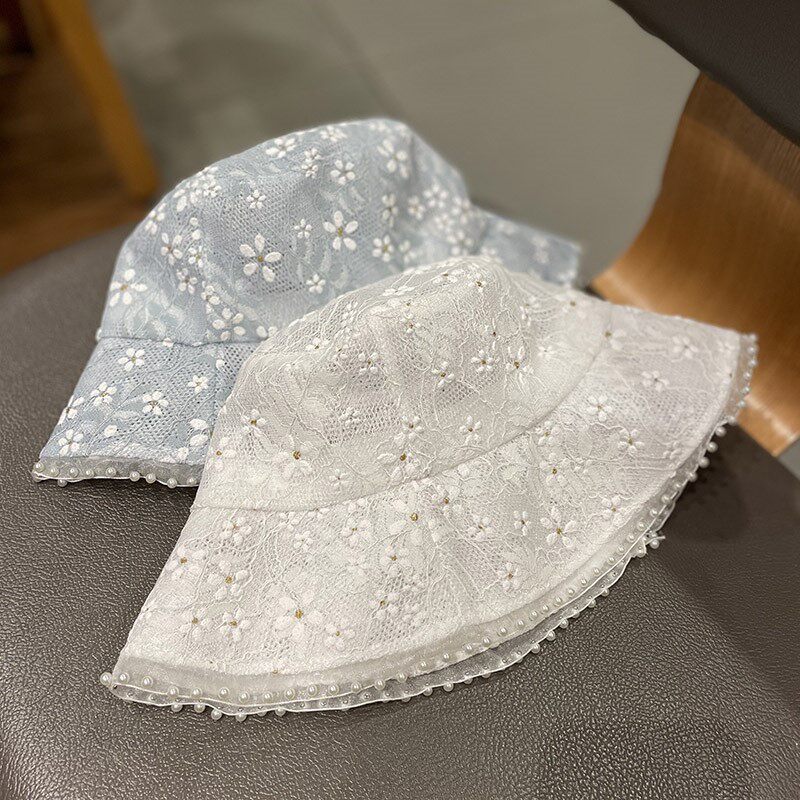 HONG KONG PURCHASING KOREAN VERSION OF LACE FLOWERS PEARL HOLLOW VERSATILE FISHERMAN HATS WOMENS SPRING AND SUMMER BREATHABLE FASHION BASIN HAT TIDE