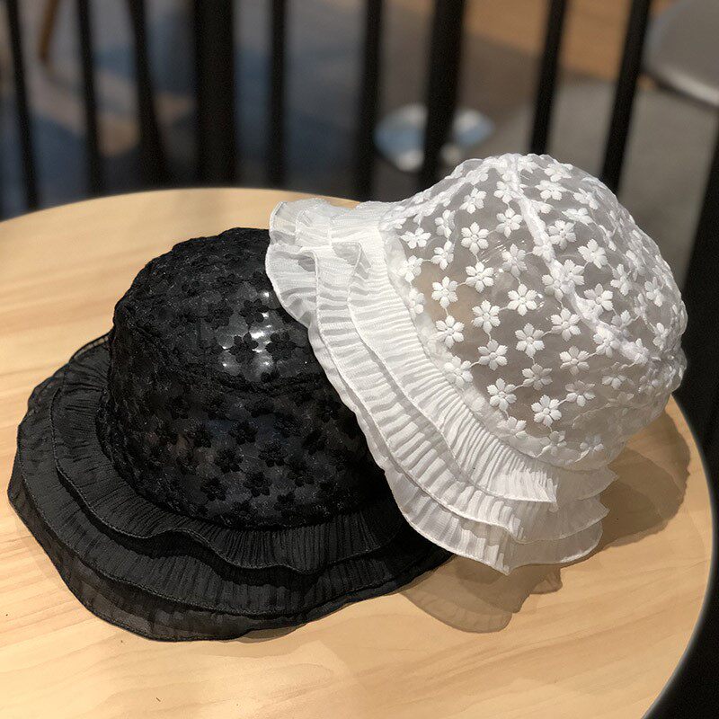 HONG KONG PURCHASING INS FISHERMAN HAT WOMENS SUMMER RETRO LACE FLOWER LIGHT WHITE WAVY BUCKET POT HAT