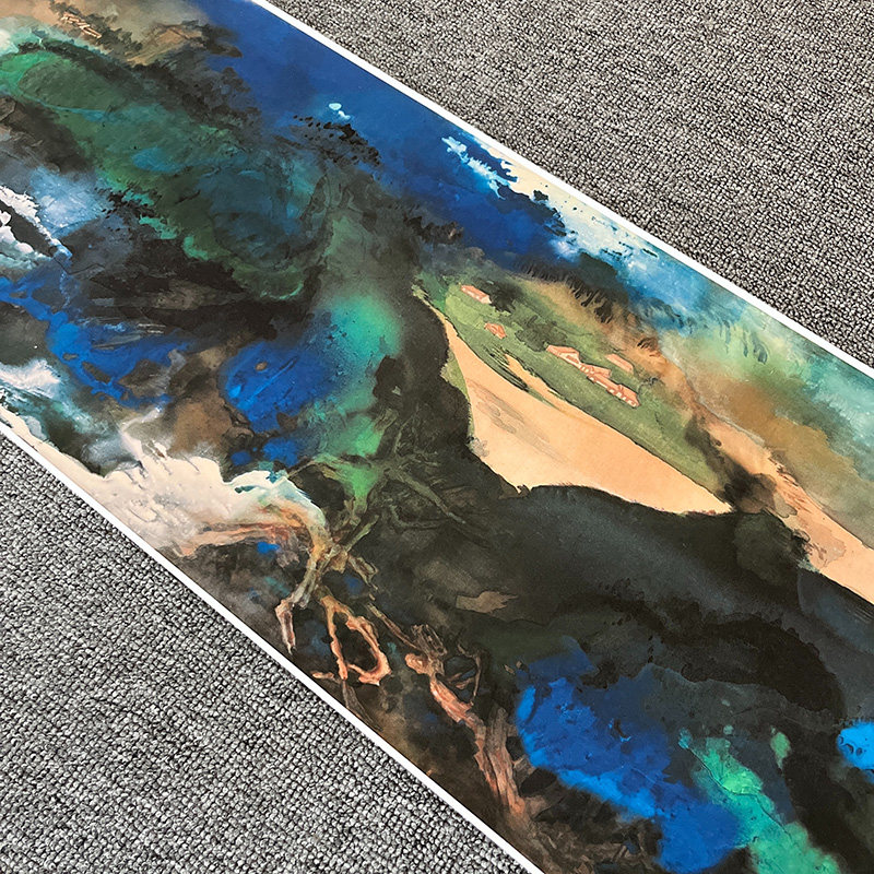 张大千爱痕湖泼墨青绿山水画横幅宣纸画芯未装裱原作微喷复制字画