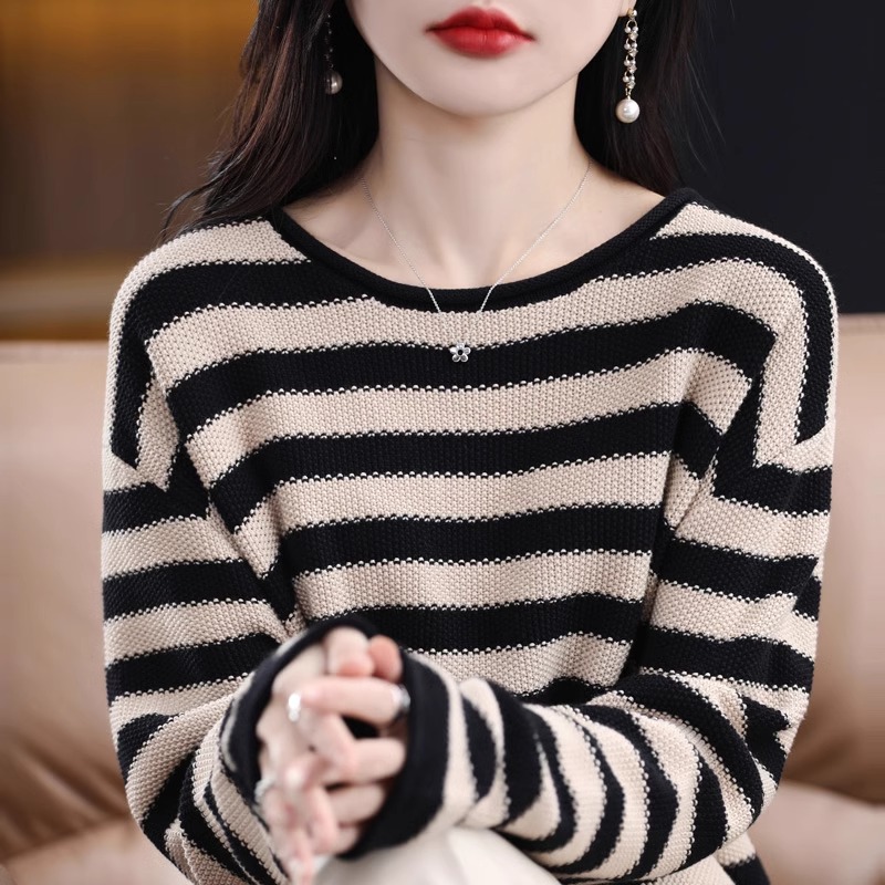 商场清仓折扣捡漏慵懒风条纹撞色针织打底衫女宽松毛衣2025秋新款
