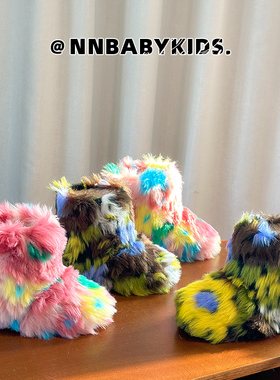 儿童毛毛靴冬季时髦女童走秀棉靴男童加绒短靴涂鸦怪兽宝宝雪地靴