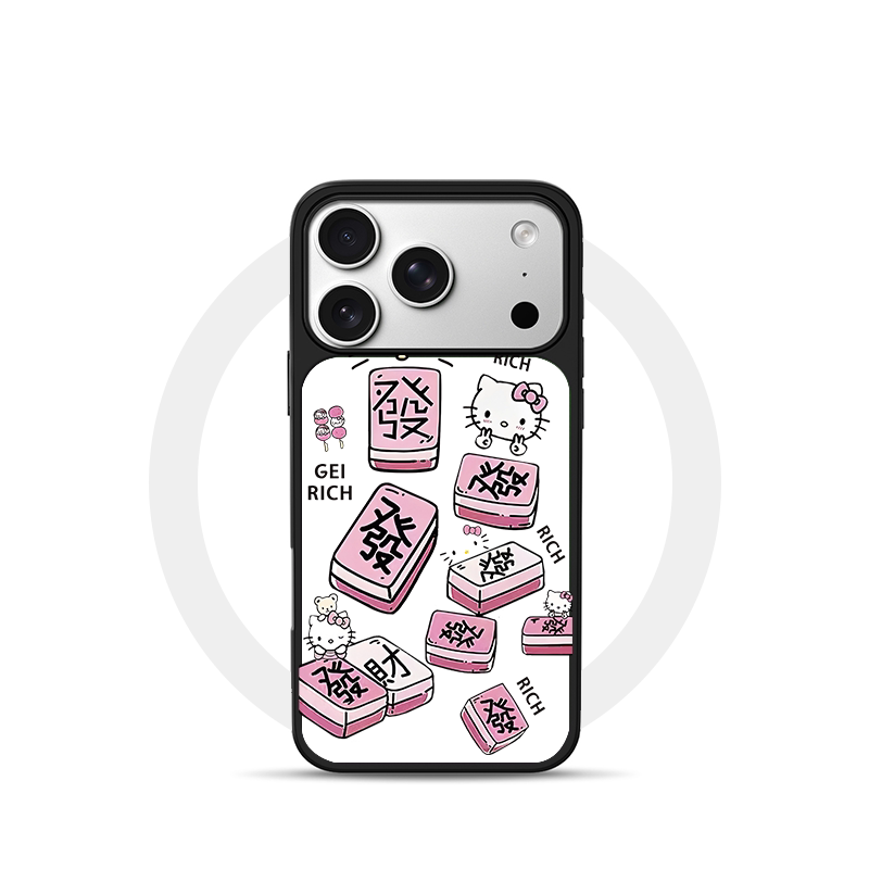 麻将发财KT猫比耶适用苹果18promax磁吸手机壳潮牌iPhone17promax电镀银新款亚克力软边16个性小米17不撞壳肤