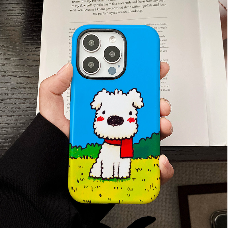可爱卡通风趣油画艺术毛毛狗适用苹果16Promax菲林磁吸手机壳15Promax二合一潮牌14Pro软壳不撞壳高级感新款x