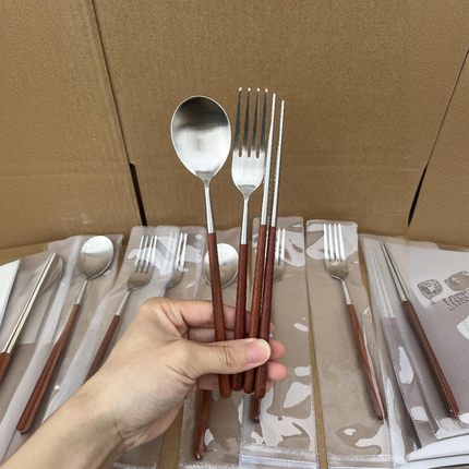 Alin鸡翅木304不锈钢叉勺筷套装复古学生上班族便携餐具三件套