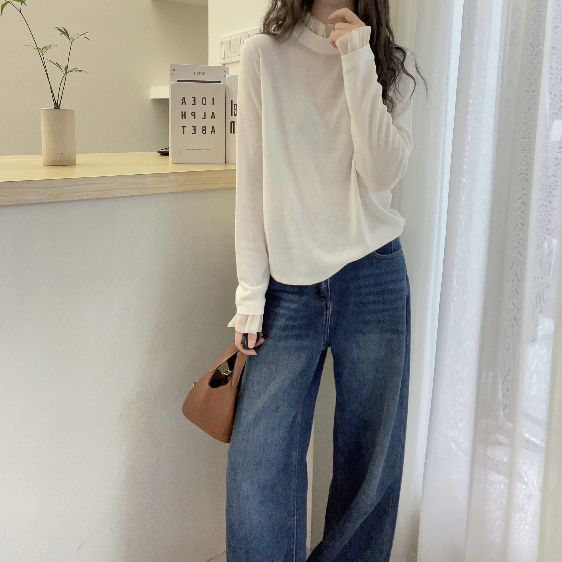 欧洲站2025秋季新款欧货百搭半高领拼接蕾丝边羊毛针织衫女打底衫