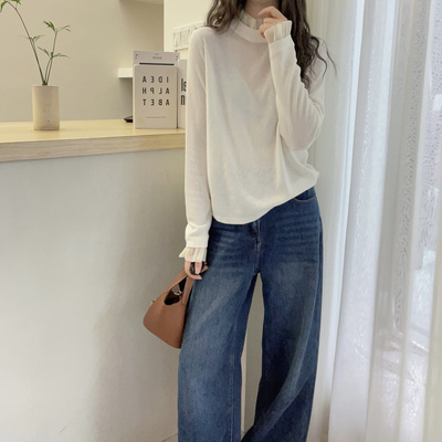 欧洲站2025秋季新款欧货百搭半高领拼接蕾丝边羊毛针织衫女打底衫