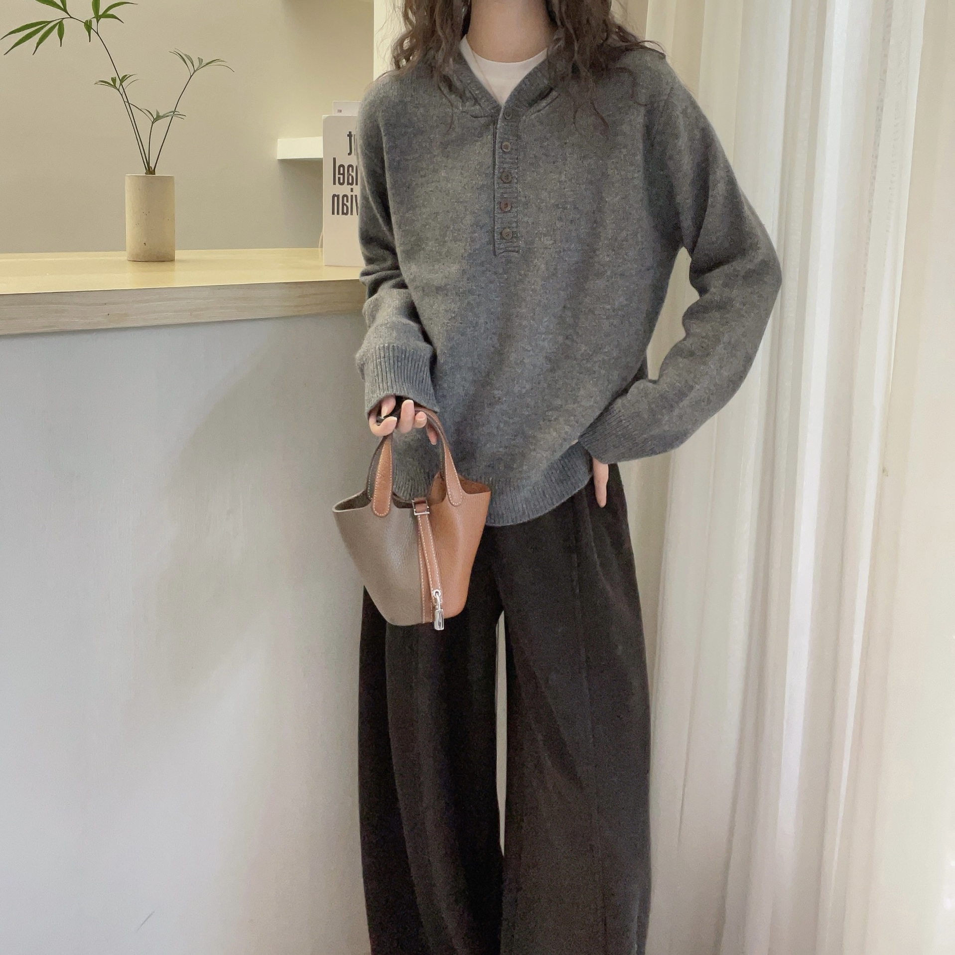 欧洲站2025冬装新款连帽半开扣羊毛针织开衫女宽松套头毛衣上衣女