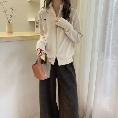 欧洲站2025冬装欧货新款简约风立领德绒拉链卫衣女秋冬百搭外套女