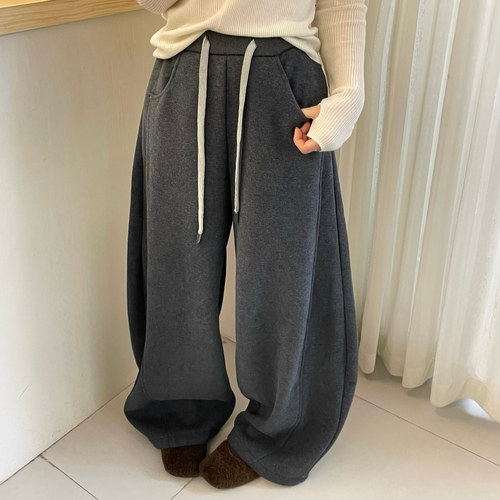 欧洲站2025冬装潮慵懒风抽绳松紧腰加绒阔腿卫裤女显瘦垂感休闲裤