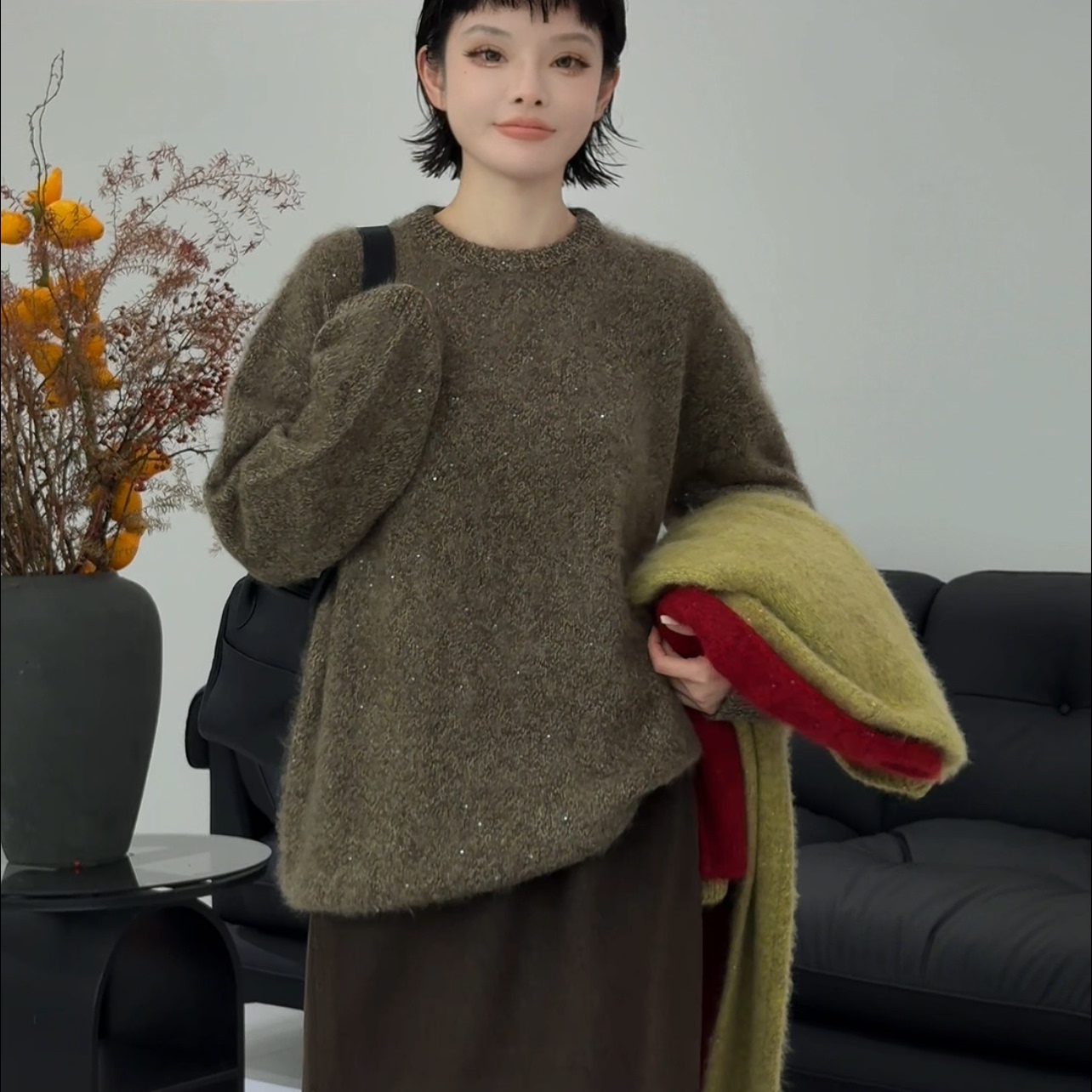 慵懒镂空亮片针织衫女圆领长袖高级感百搭前全羊毛毛衣上衣