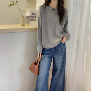 毛衣上衣 女秋冬软糯宽松打底衫 欧洲站2025冬装 圆领烫钻羊绒针织衫