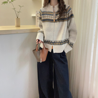 欧洲站2025冬装新款欧货费尔岛山羊绒提花针织开衫女拉链外套毛衣