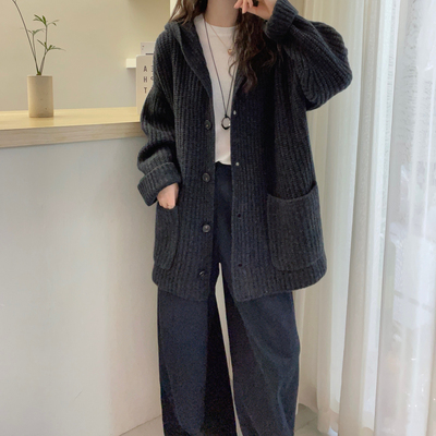 欧洲站2025秋季新款欧货潮连帽全羊毛针织开衫女秋冬慵懒毛衣外套