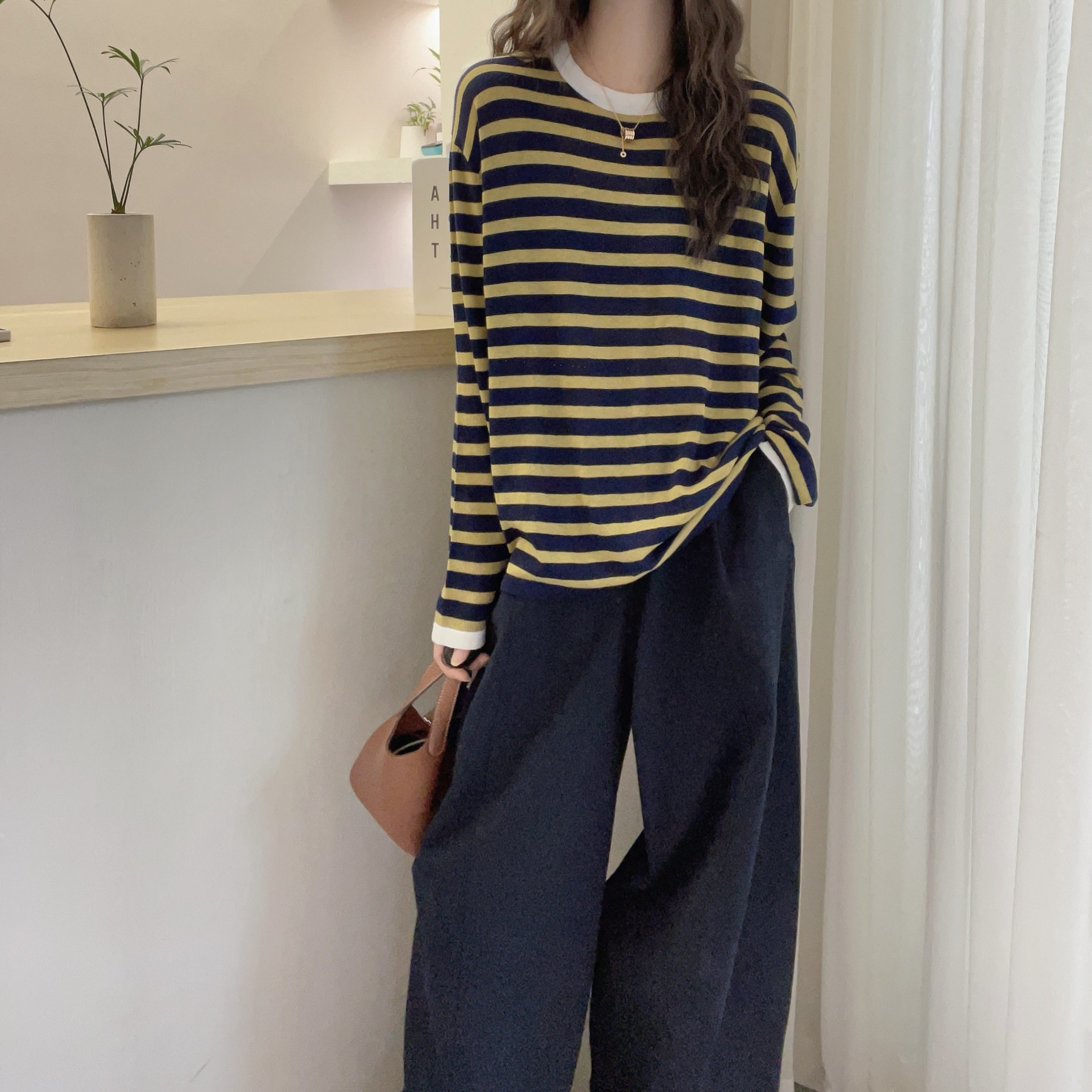 欧洲站2025秋装新款欧货圆领条纹长袖细羊毛针织衫女春秋打底衫女