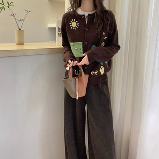 女秋冬毛衣外套 卡通动物刺绣圆领羊毛针织开衫 欧洲站2025冬装 新款