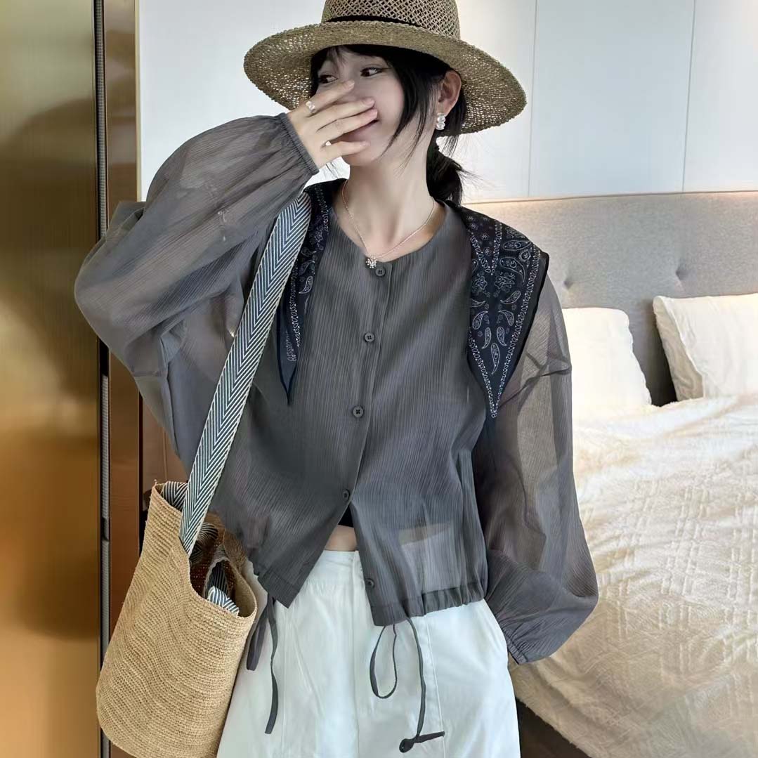 欧洲站2025夏装新款欧货韩版简约长袖衬衫外套配丝巾上衣防晒衣女
