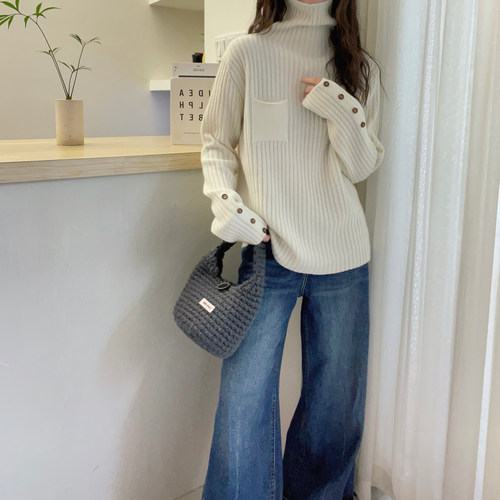 欧洲站2025秋装新款欧货高领坑条全羊毛针织衫女秋冬打底衫毛衣女