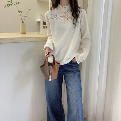 欧洲站2025冬装欧货欧货半高领蕾丝羊绒针织衫女秋冬羊毛打底衫女