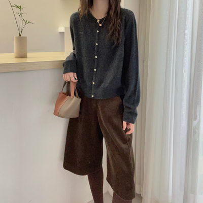 欧洲站2025秋装新款欧货纯色圆领山羊绒针织开衫女春秋毛衣女上衣