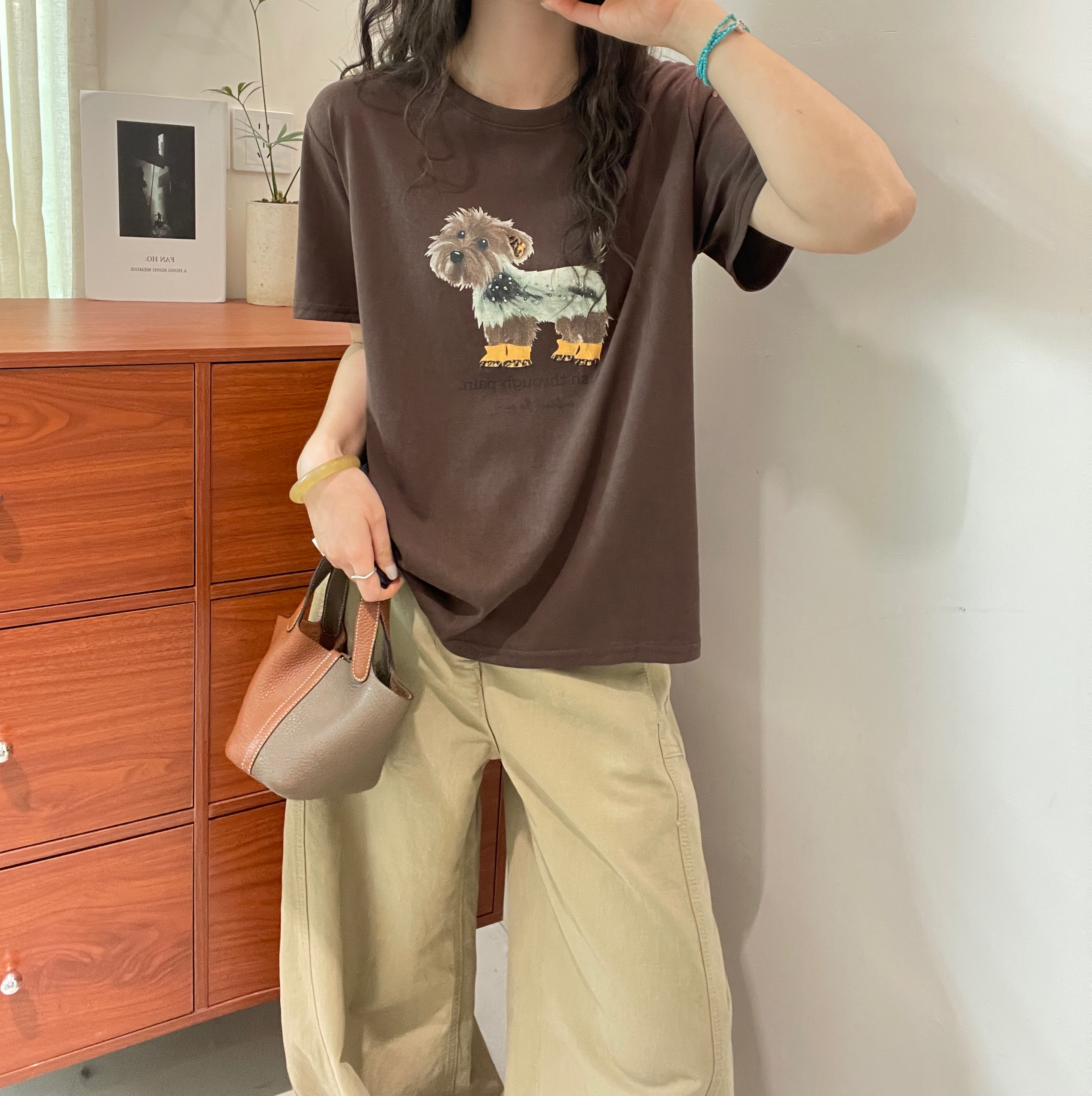 欧洲站2026夏款韩式卡通小狗印花短袖T恤女圆领百搭减龄休闲上衣