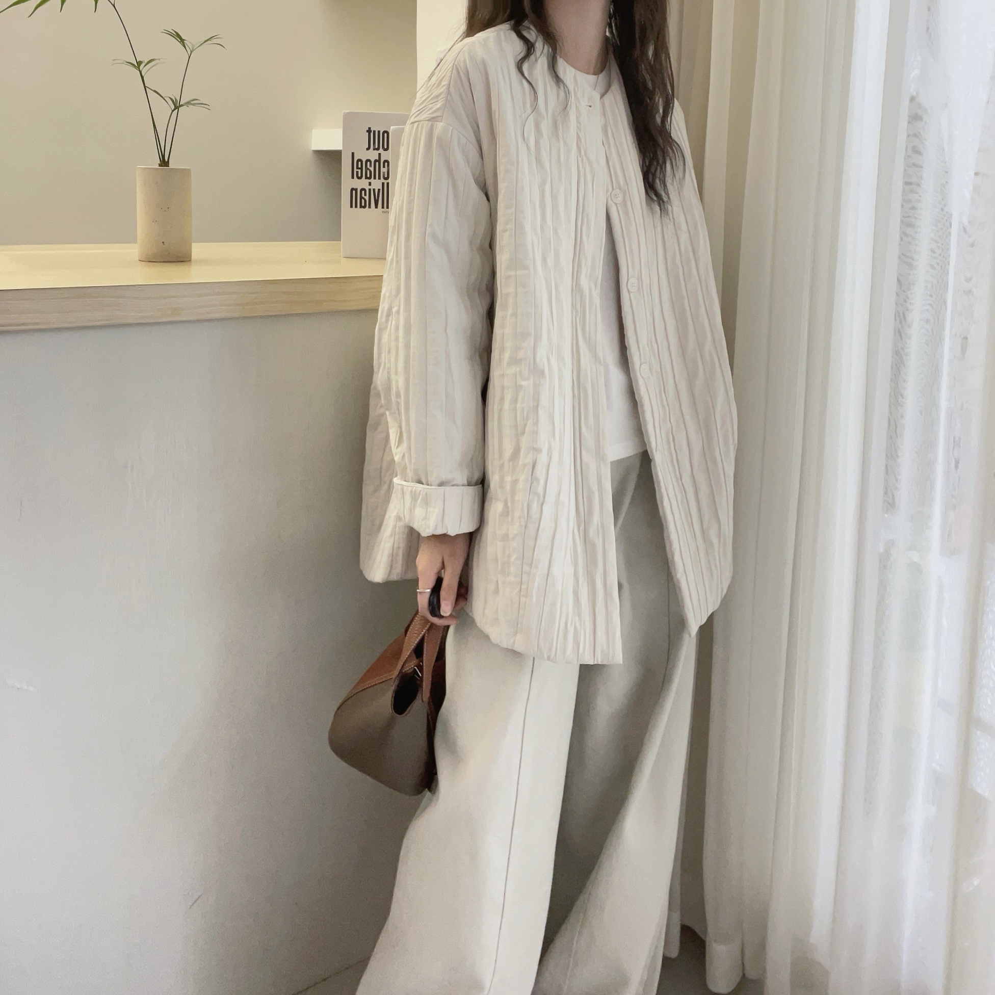 欧洲站2025冬季新款欧货潮圆领单排扣夹棉休闲百搭中长款外套女潮