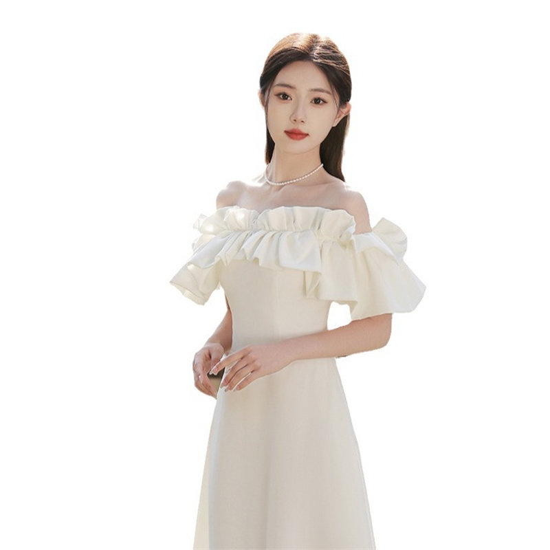 白色小礼服女一字肩中长款领证登记连衣裙毕业舞会生日派对长裙