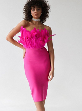 New Women Feather Bandage Party Dress 法式浪漫包臀宴会连衣裙