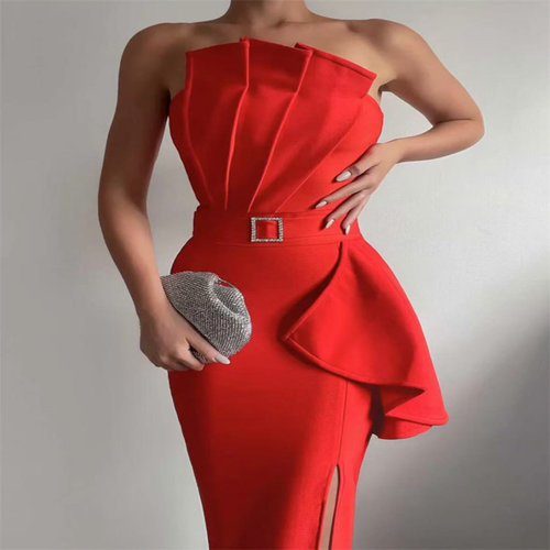 Sexy Women Bandage Party Dress红色裹胸性感气质收腰修身连衣裙