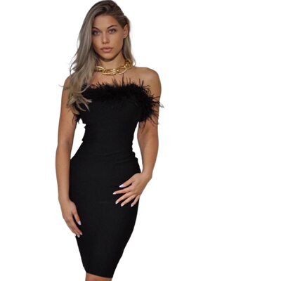 Evening Party Bodycon Bandage Dress 欧美羽毛抹胸小礼服连衣裙