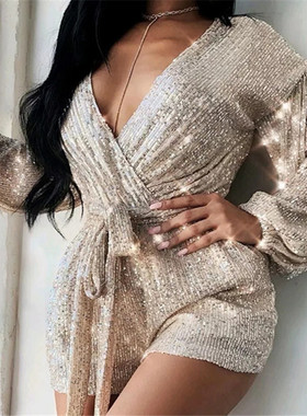 Woman Long Sleeve Dress 亮片礼服性感v领长袖连衣裙宴会生日裙