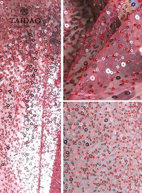 重工红色渐变钉珠珠片刺绣蕾丝G35星光闪闪婚纱晚礼服秀禾服面料