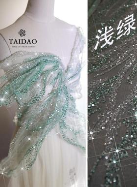 小清新c65淡雅绿色钉珠刺绣亮片蕾丝面料DIY婚纱礼服辅料小众设计