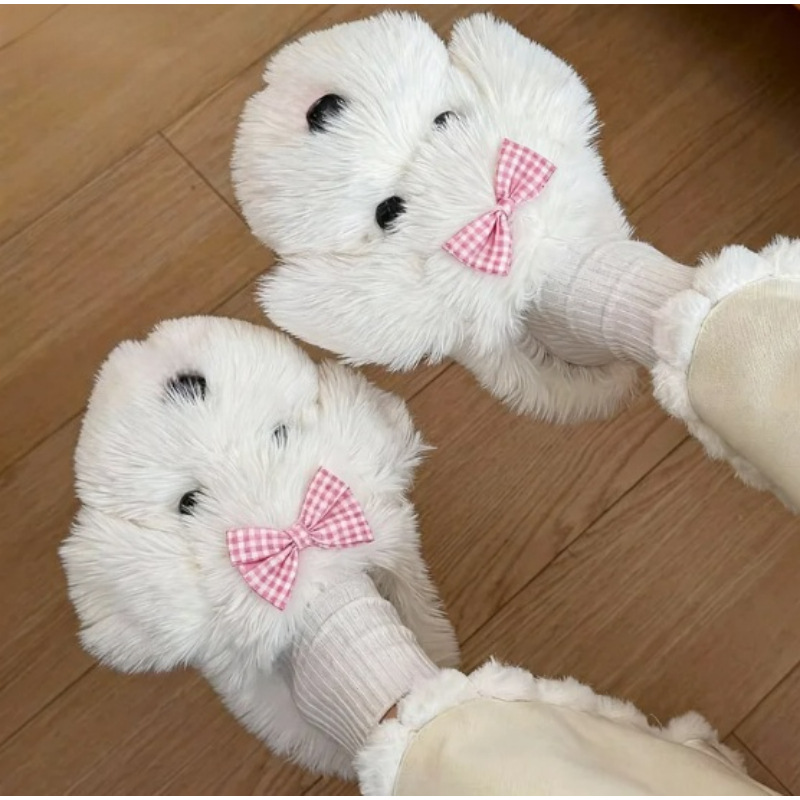 马尔济斯小狗棉拖居家棉拖鞋女加绒棉拖鞋男保暖鞋月子鞋包头拖女