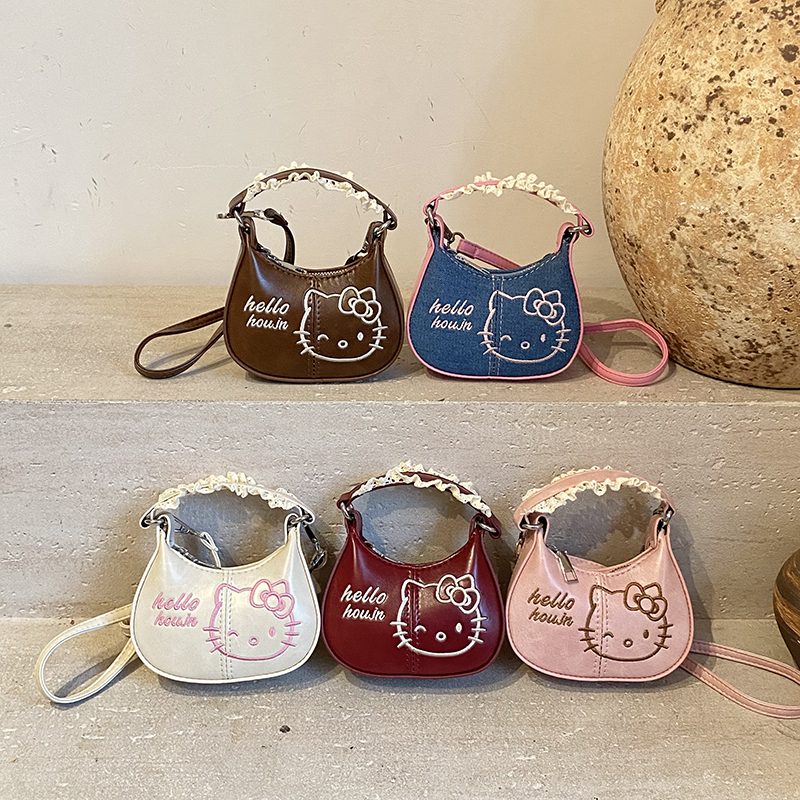 猫咪手拎斜跨牛仔pu手拎单肩