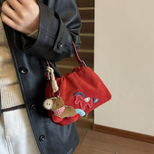 新年红包洋气小马刺绣束口包女生红色单肩斜跨百搭手提包洋气女包