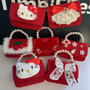 儿童新年红色小香风包洋气斜跨小包女孩公主珍珠手提包女童拜年包