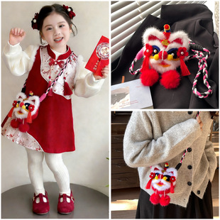 国潮喜庆红色醒狮零钱包男女童出游斜跨单肩背包迷你宝宝拜年红包