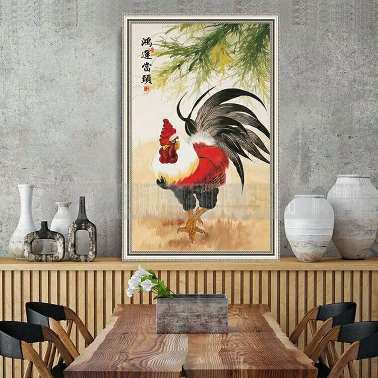 正品dmc棉线印花十字绣满绣客厅玄关餐厅竖版大公鸡中式鸿运当头