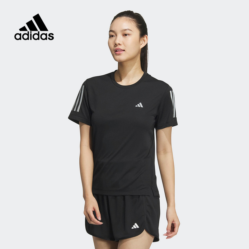 阿迪达斯黑色圆领半袖女跑步健身反光透气运动速干短袖T恤JF1477