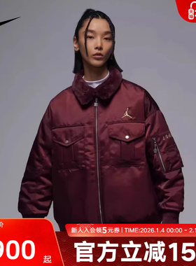 耐克外套女新年款保暖翻领龙年刺绣红色飞行员夹克棉服FZ6449-619