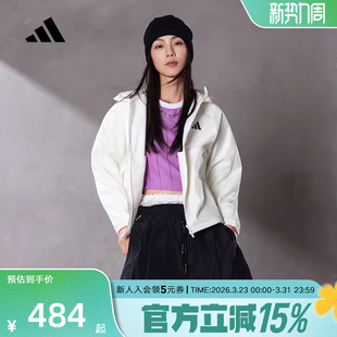 adidas阿迪达斯拒水保暖运动休闲连帽外套女软壳梭织夹克 KC0055