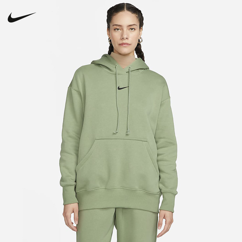 Nike耐克油绿色卫衣2024春季女新款加绒保暖连帽套头衫DQ5861-386