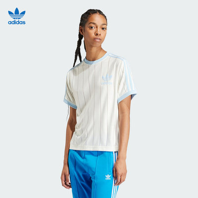 adidas阿迪达斯三叶草夏季女子三条纹透气运动休闲短袖T恤IR7469