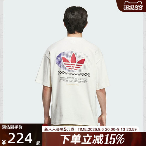adidas阿迪达斯秋季新款三叶草赛车风棉质半袖男子短袖T恤 KH1198