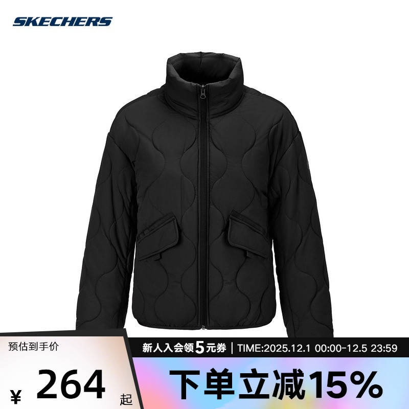 Skechers斯凯奇黑色棉衣女装冬季外套立领保暖棉服 L425W077/0018