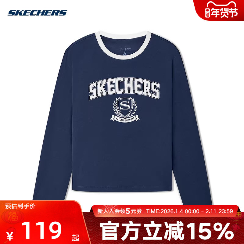 Skechers斯凯奇25秋女子休闲长袖衫宽松舒适圆领T恤L325W005/002Z,运动服/休闲服装,运动T恤,淘宝优惠券,粉丝福利购,淘宝优惠卷