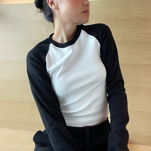 THELITT美式复古基础款黑白撞色插肩袖圆领T恤上衣打底纯棉长袖女